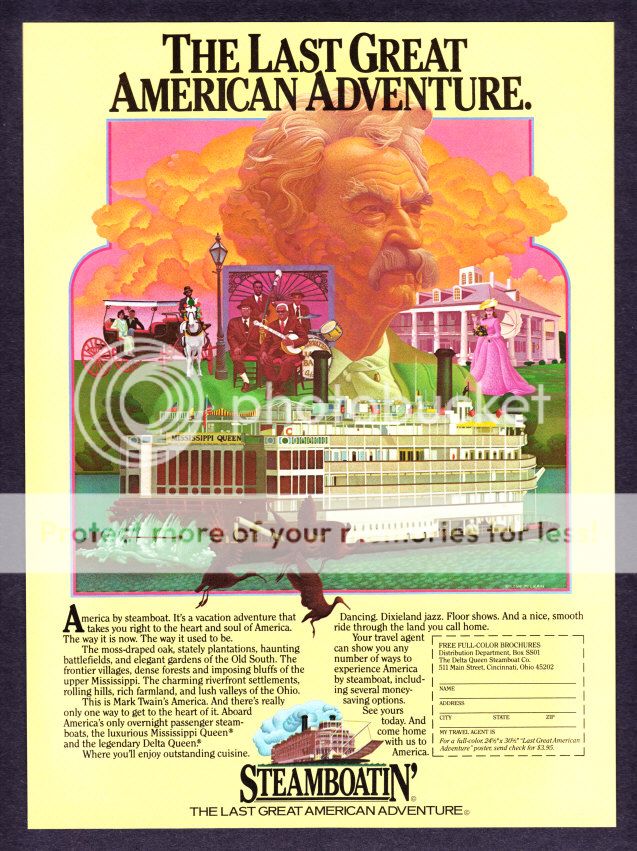 1981 Mark Twain Image Mississippi Queen Steamboat Art "Vacation Adventure" Ad